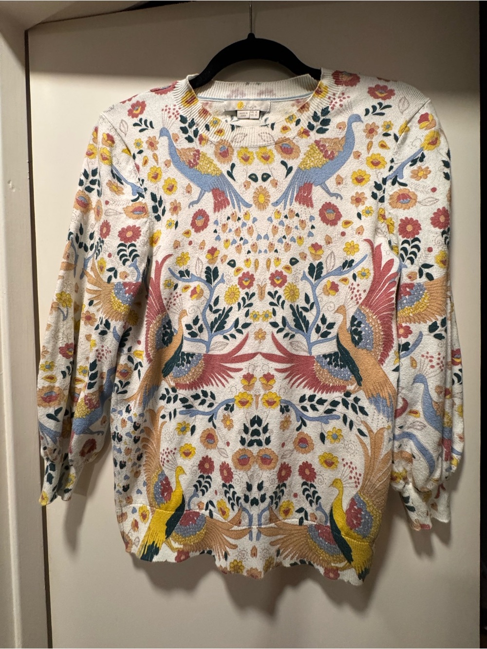 Boden 100% cotton folk art peacock print sweater